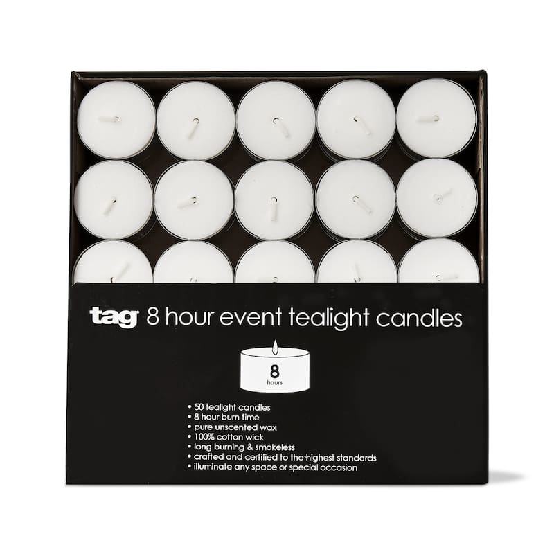 8 Hour Event Tealight Candles Set of 50 White Wax Tea Lights for Everyday Use Burn Time 8 Hours 0.88 in H x 1.5 in Dia