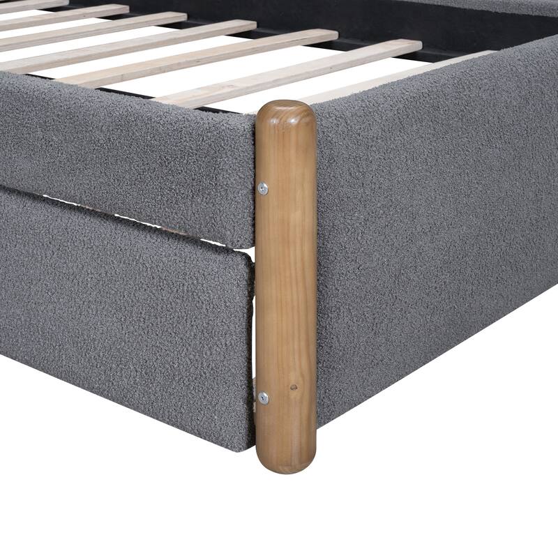 Gray Twin Upholstered Platform Bed with Trundle and Wooden Feet