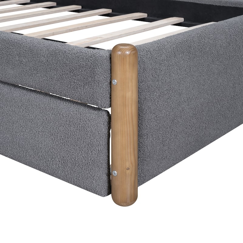 Upholstered Platform Bed with Wood Supporting Feet and Twin Size Trundle