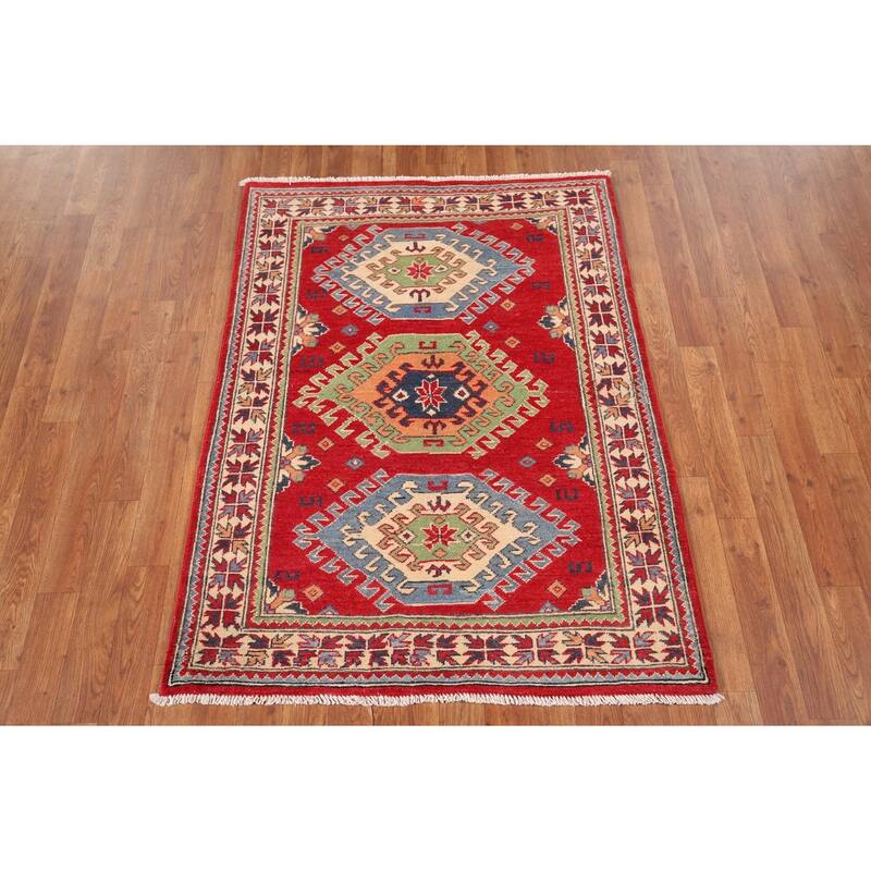 Geometric Kazak Accent Rug Hand-Knotted Red Wool Carpet - 3'4" x 4'7"