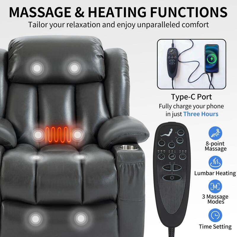 Roomfitters Dual Motor Power Lift Recliner Chair with 180 Degree Flat Recline Heat Massage Sofa with Cup Holders, Grey