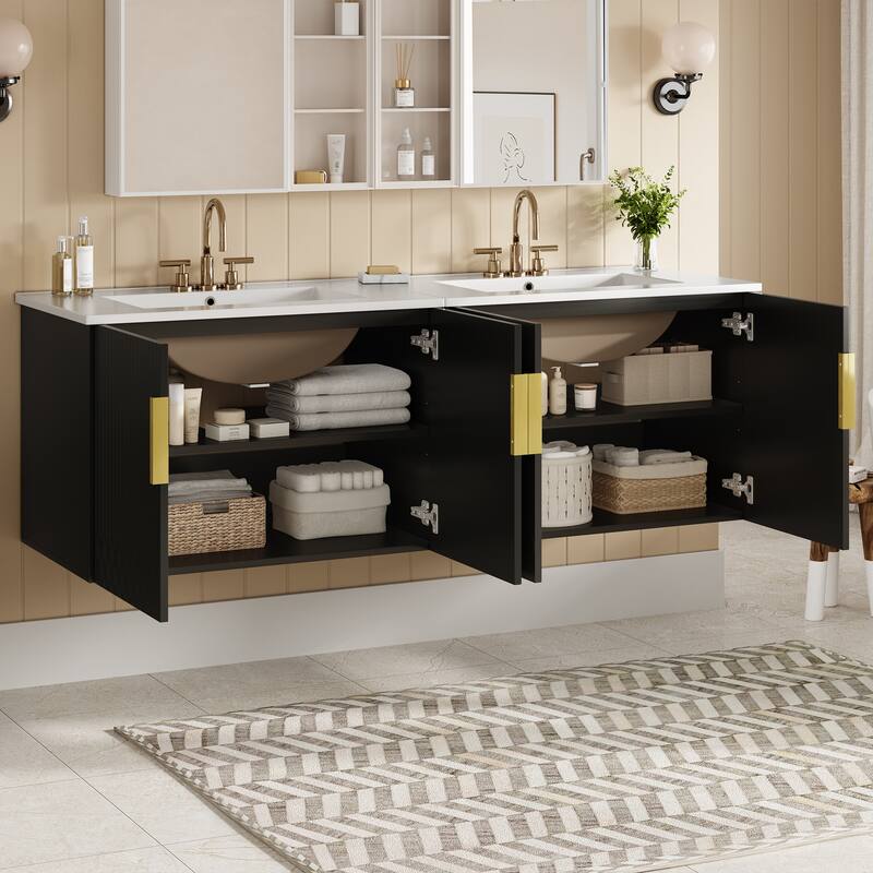 60"Vanity With Ceramic Sink,With 3 Holes Single Ceramic Sink,Storage Vanity Cabinet With 2 Soft Closing Doors