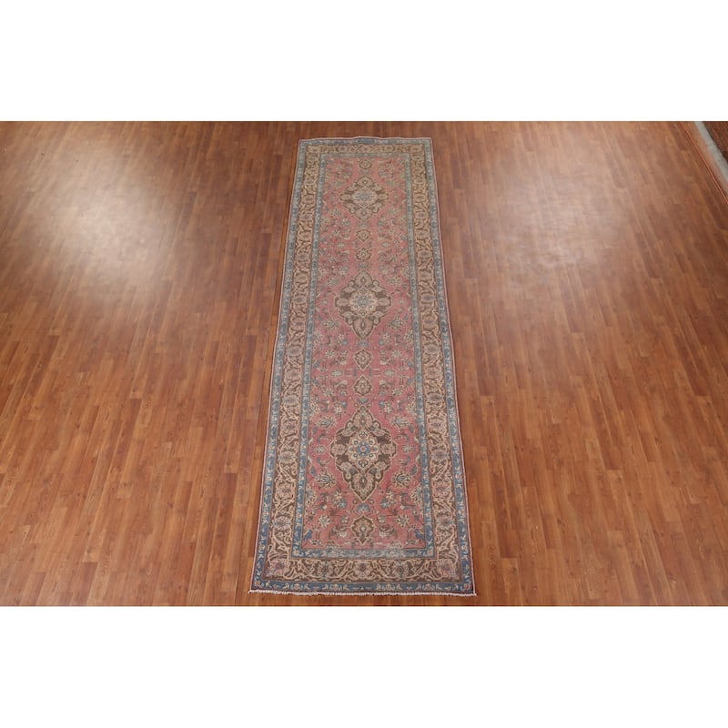 Pink Kashan Persian Vintage Runner Rug Handmade Wool Carpet - 3'11" x 12'9"