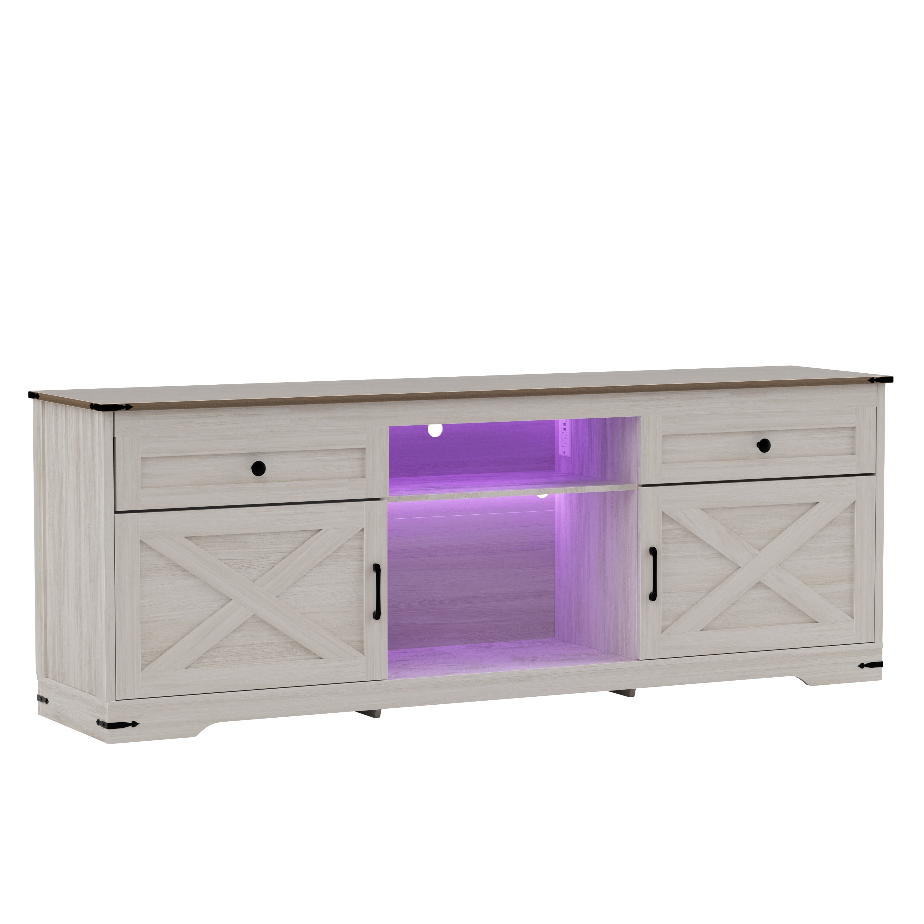 TV Stand for 75 Inch TVs, Entertainment Center with Storage Cabinets, Power Outlet & LED Light, Media TV Console with Barn Doors