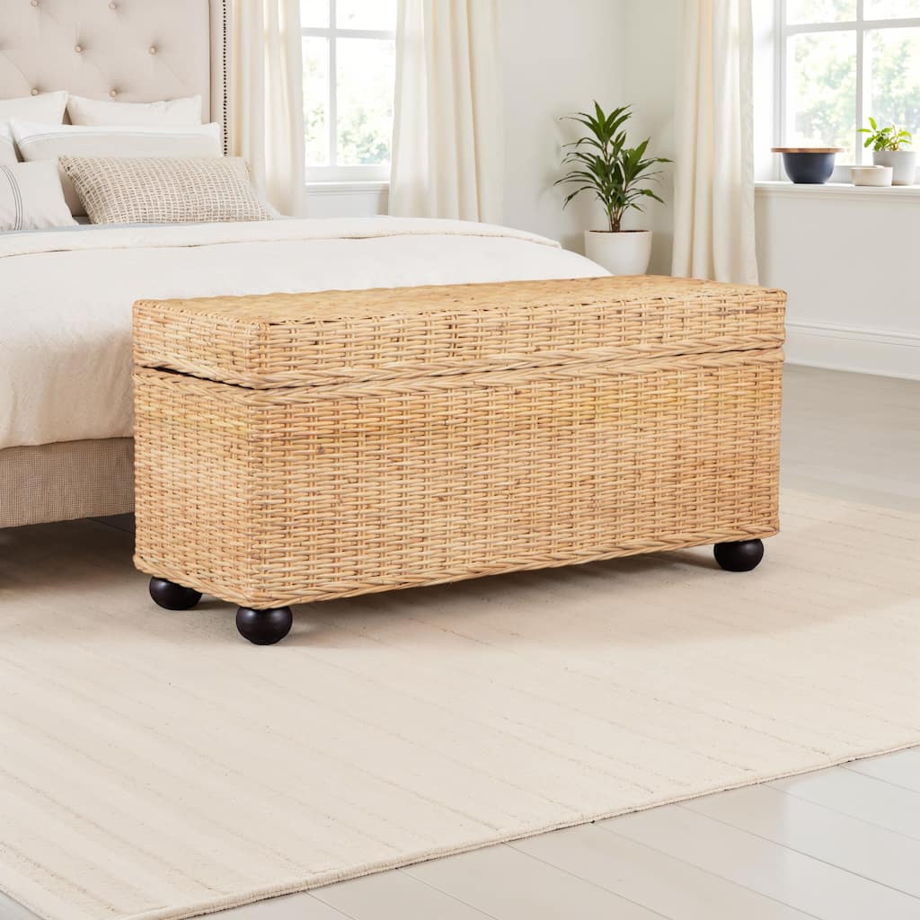 42" Natural Rattan & Solid Mahogany Lift-Top Storage Trunk