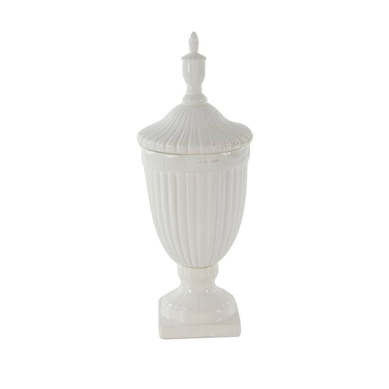 White Ceramic Tall Fluted Urn Living Room Decorative Jars with Grooves and Lid