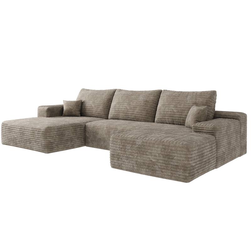 Modern Corduroy Compression Chaise Couch, U-shaped Sectional Sofa with Ottoman and Pillows Backrest for Living Room
