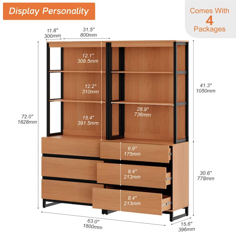 WAMPAT Modern 72" Tall Bookcase with Drawers and Open Book Shelfs, Library Book Shelf for Home Office, Living Room