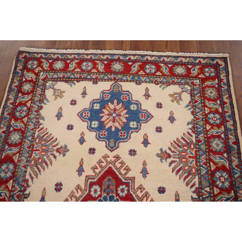 Ivory Geometric Kazak Accent Rug Handmade Wool Carpet - 3'4" x 4'10"