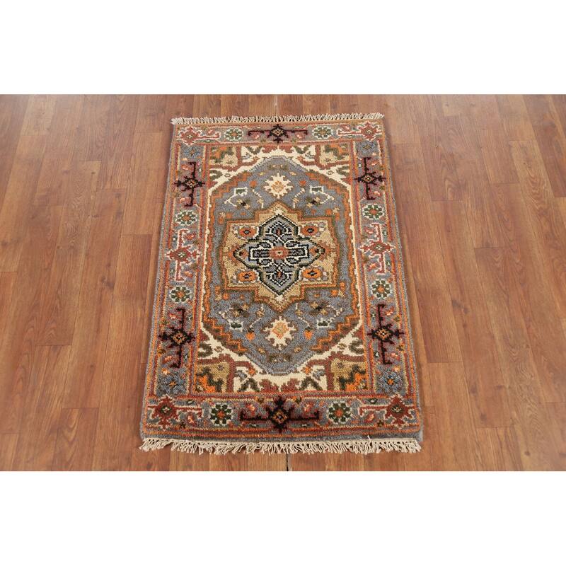 Gray Geometric Heriz-Serapi Indian Accent Rug Handmade Wool Carpet - 2'0"x 3'0"