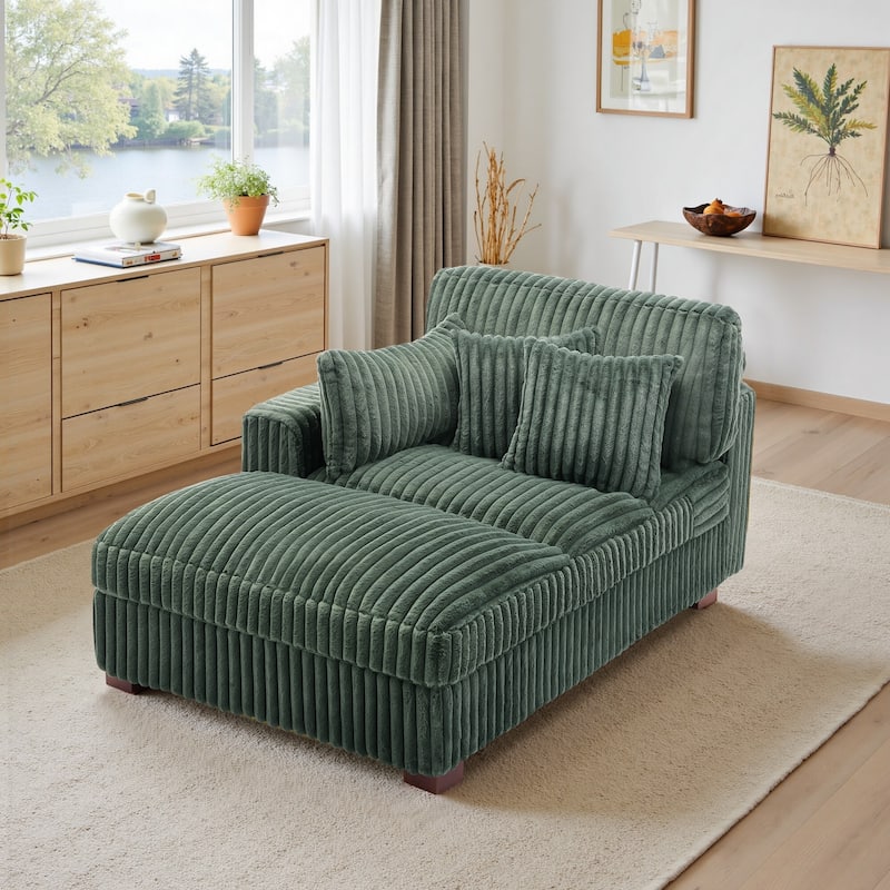 41" W Plush Corduroy Chaise Lounge with Pillows - Left Facing - Green-Chaise&2 Pillows