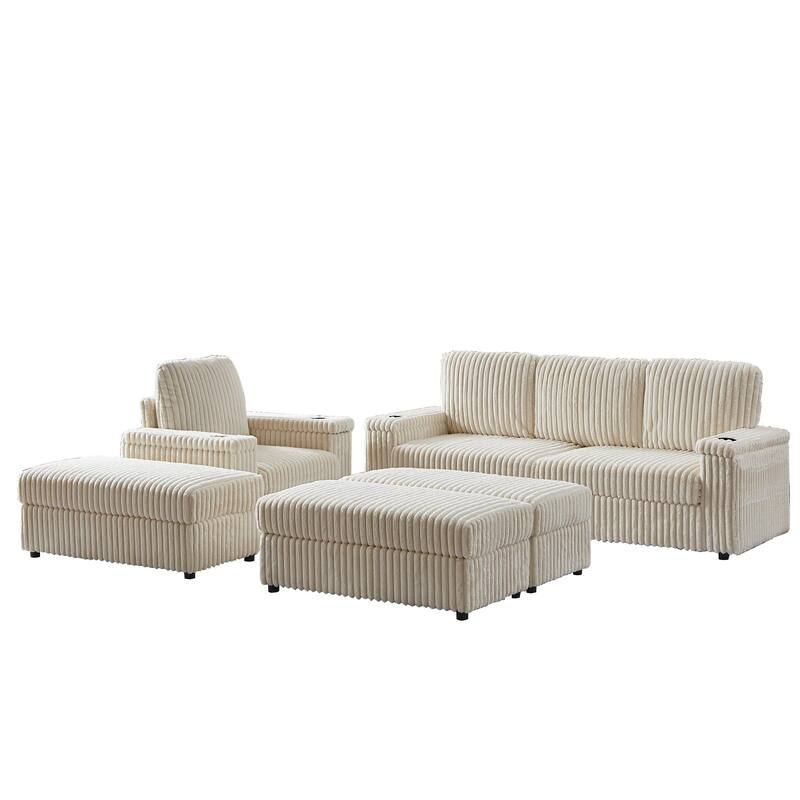 Anmytek Corduroy 3-Seater Deep Seat Sofa & Single Recliner With Cup-Holding Grooves