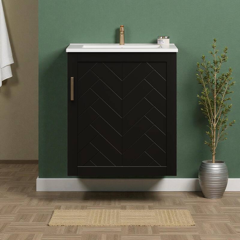 20" Wall Mounted Bathroom Vanity with Sink, Solid Wood & MDF Floating Cabinet, Side Shelf & Soft-Close Door