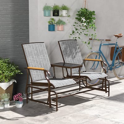 Outdoor Double Glider Bench with Table, Patio Loveseat with Breathable Mesh & Steel Frame
