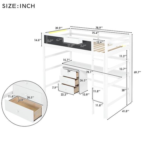 dimension image slide 0 of 2, Wood Twin Size Loft Bed with Desk, Blackboard, Storage Box, Shelf & 3 Drawers, Safe Design with Guardrails, Grey