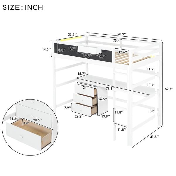 Wood Twin Size Loft Bed with Desk, Blackboard, Storage Box, Shelf & 3 Drawers, Safe Design with Guardrails, White