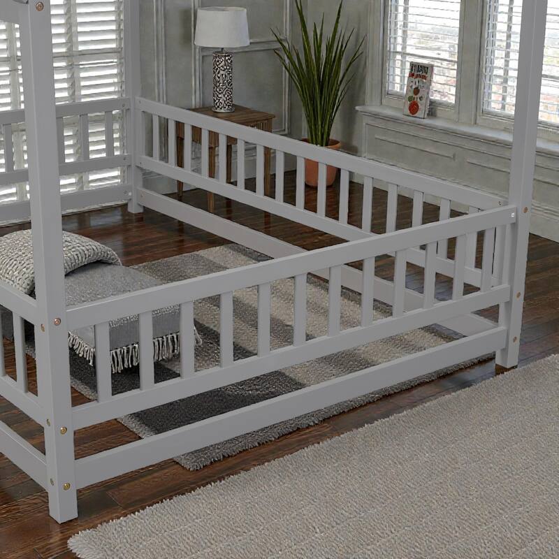 Full Size House Floor Bed with Wooden Roof Frame and Fence Guardrails, Solid Wood Kids Floor Bed