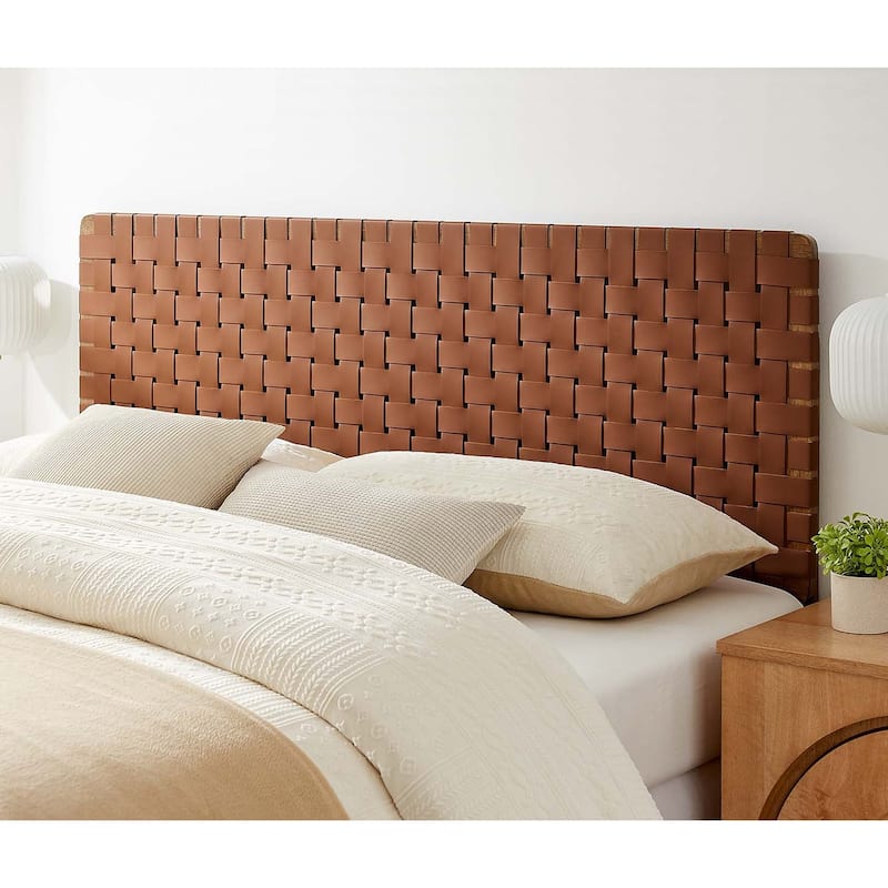 Ditmas Solid Wooden Brown Leather Basket Weaved Floating Queen Size Headboard