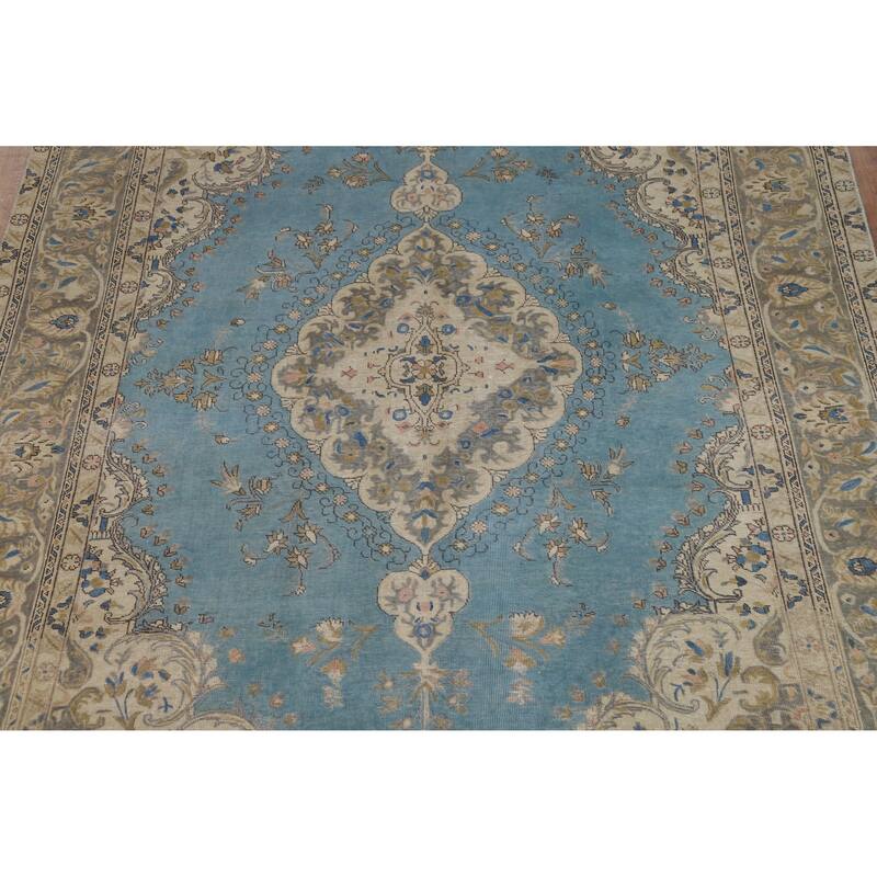 Blue Traditional Tabriz Persian Vintage Rug Hand-Knotted Wool Carpet - 7'10" x 10'10"