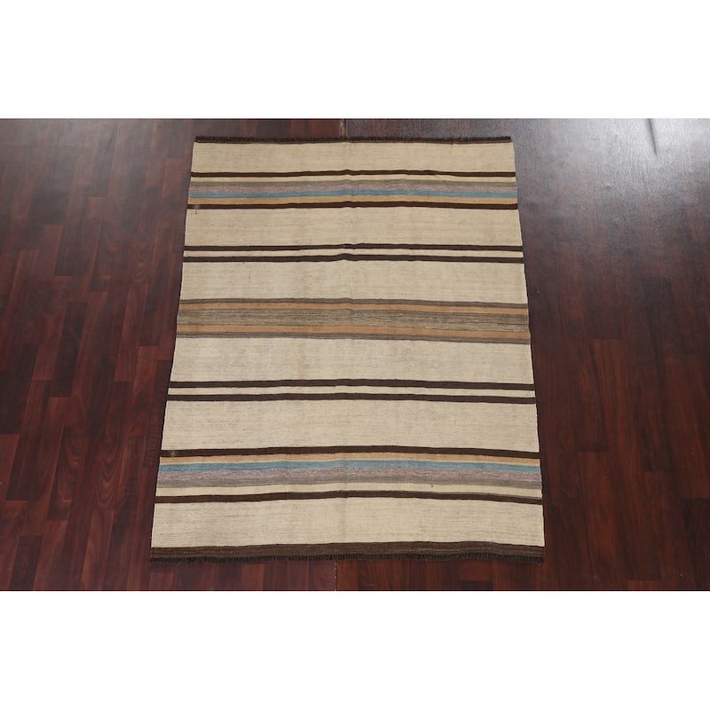 Natural Dye Striped Kilim Contemporary Wool Area Rug Flat-weave Carpet - 5'0" x 6'6"