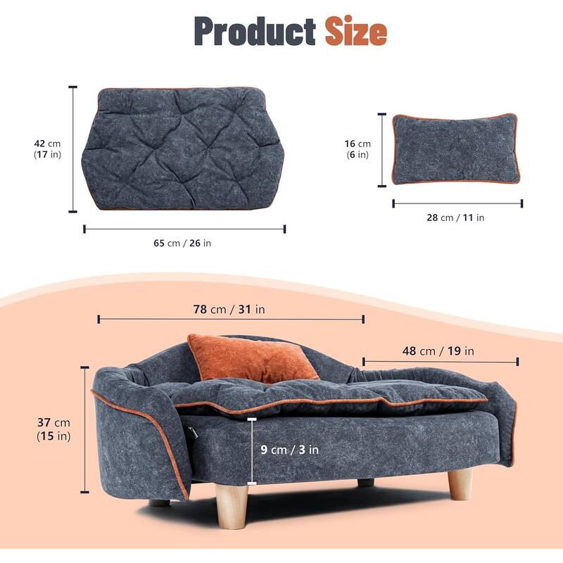 WOWMAX Elevated Small Dog Couch Bed with Bolster Sides, Raised Small Dog Sofa Bed with Headrest Pillow