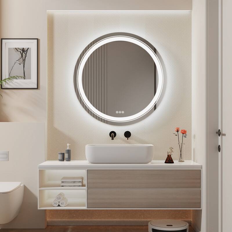 Large LED Bathroom Mirror Round Dual Light Frameless Vanity Anti-Fog
