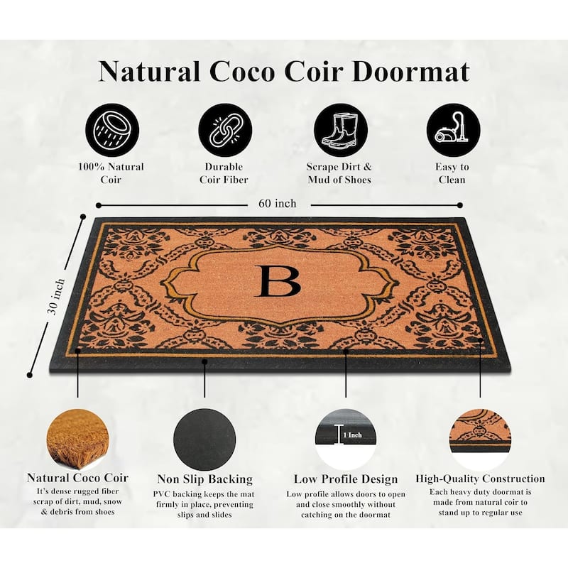 A1HC Uriel Bleached Coir Anti-shred Monogrammed Doormat, 30" X 60"