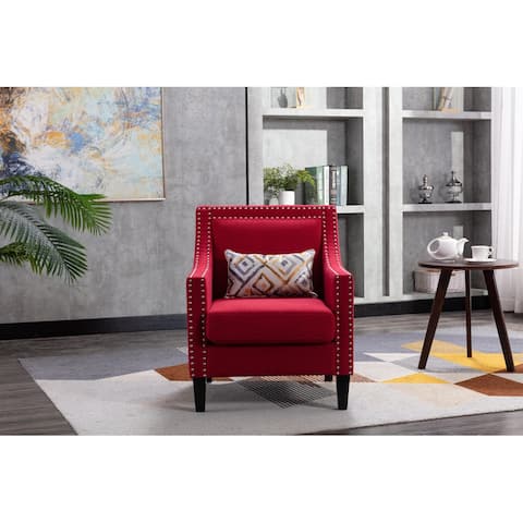 Modern Leisure Curved Edges Barrel Chair with Nailheads and Solid Wood Legs, Upholstered with Linen Fabric