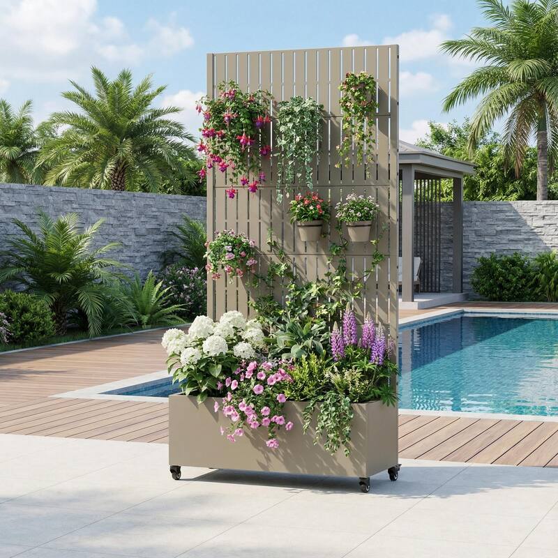 Raised Garden Bed Planter with Trellis Movable Planter Box with Lockable Wheels