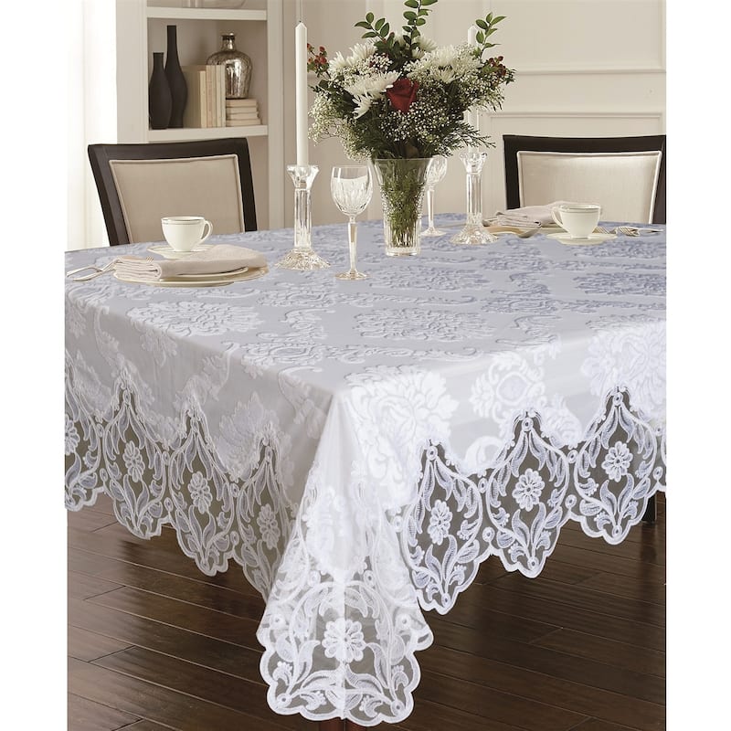 Violet Linen Deluxe Elegant Velvet Lace Sheer Floral Pattern Tablecloth