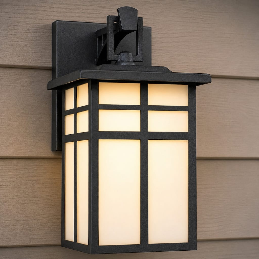 Mission 10.5-inch Tall Outdoor Wall Sconce in Black Metal Cage Lantern with Frosted Glass - 10.5 inch Tall