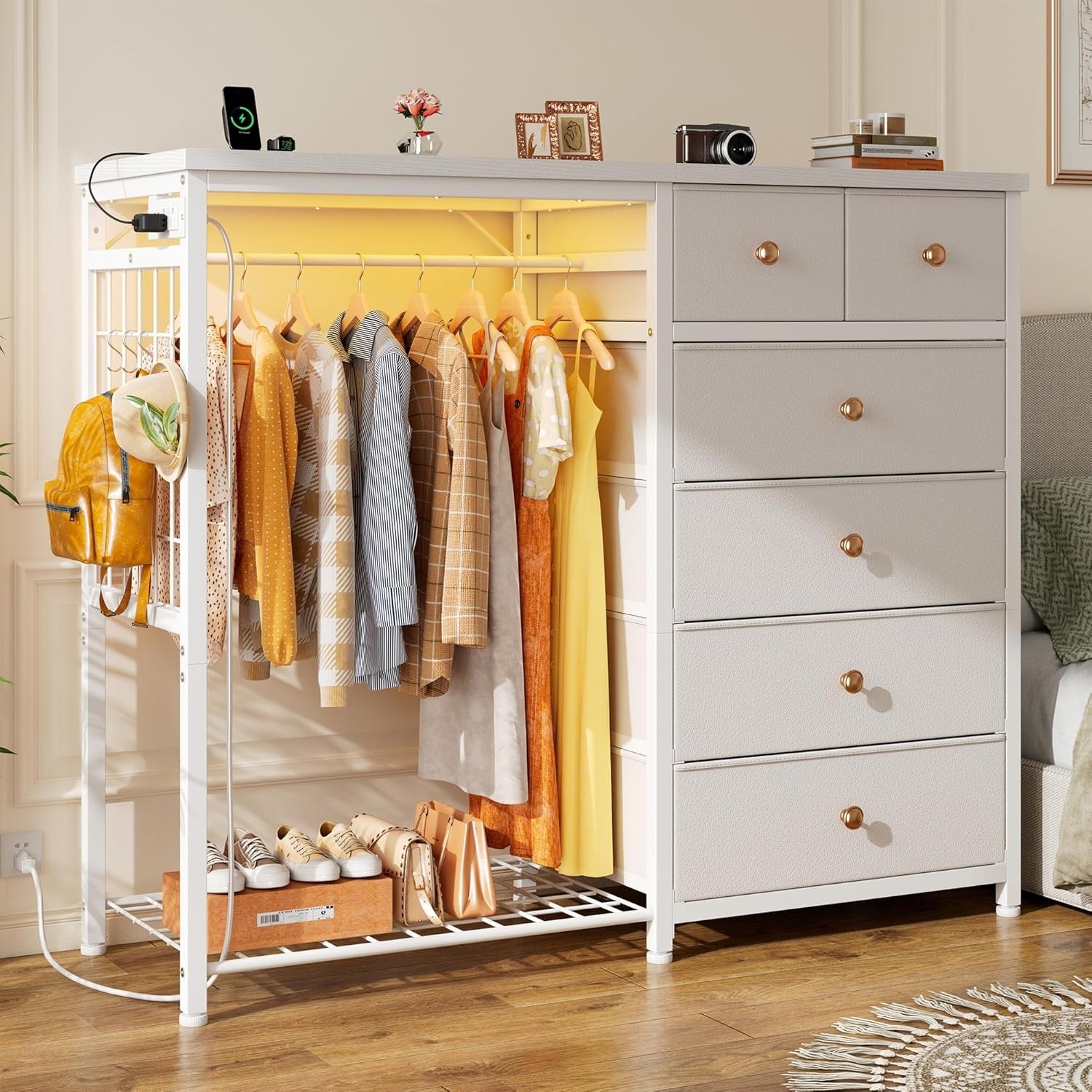 2 Inch Wide Dresser with Hanging Rack 6 Drawers LED Lights Charging Station Wooden Top Fabric Closet Organizer - Overstock - 42931991 2 Inch Wide Dresser with Hanging Rack 6 Drawers LED Lights Charging Station Wooden Top Fabric Closet Organizer - Overstock - 42931991
