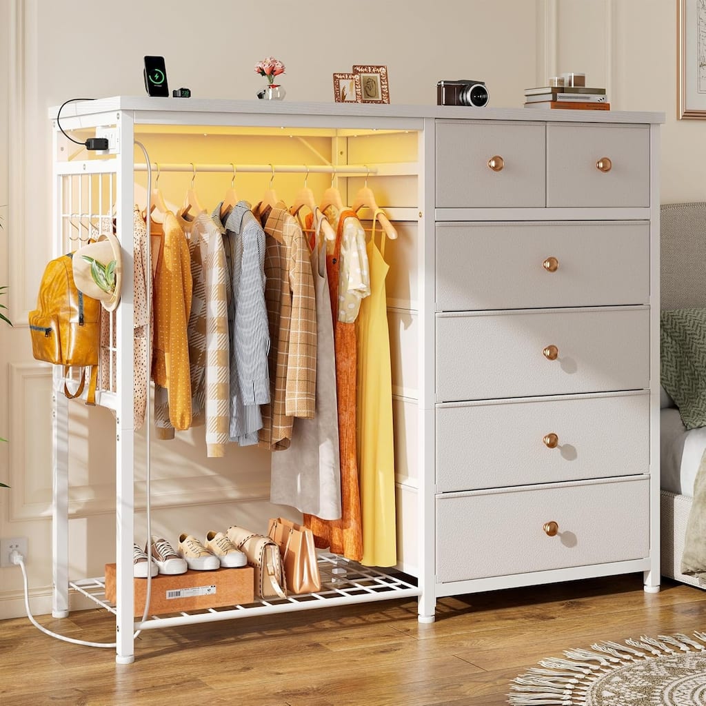 2 Inch Wide Dresser with Hanging Rack 6 Drawers LED Lights Charging Station Wooden Top Fabric Closet Organizer - Overstock - 42931991 2 Inch Wide Dresser with Hanging Rack 6 Drawers LED Lights Charging Station Wooden Top Fabric Closet Organizer - Overstock - 42931991