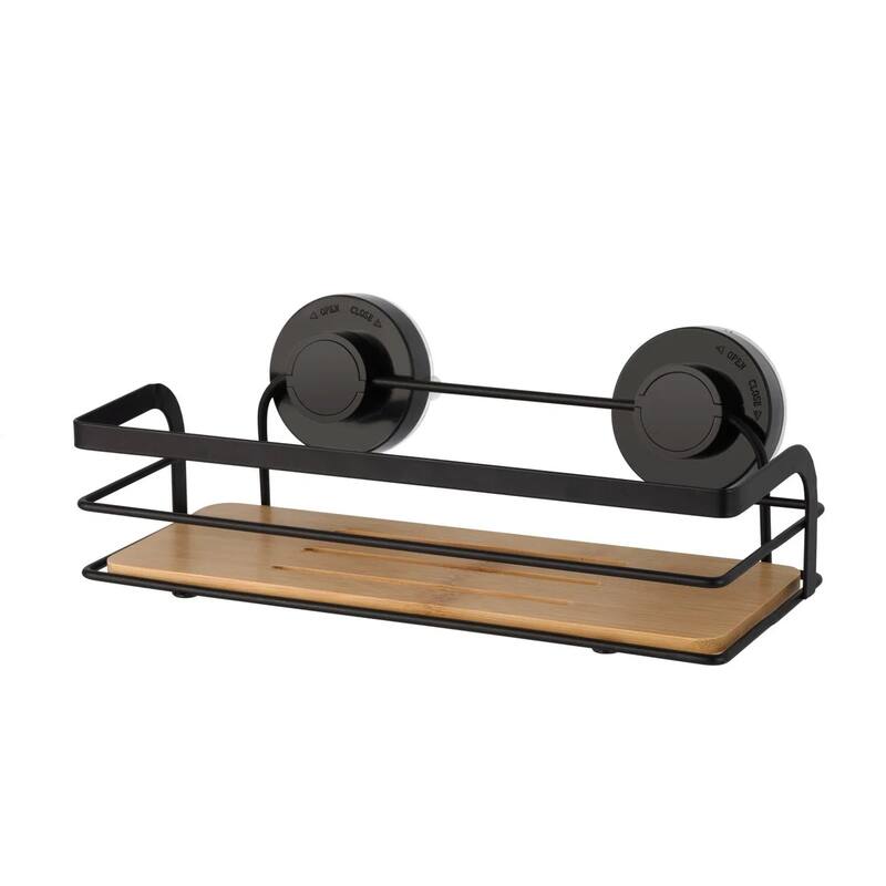 Matte Black Bamboo Shower Storage Caddy Shelf With Suction Cups