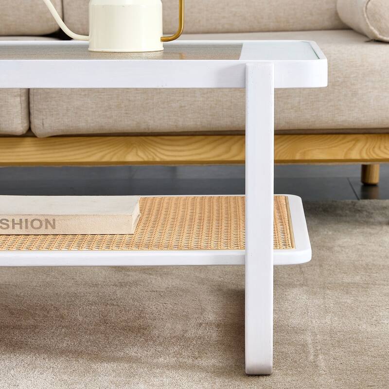 Coffee Table Solid Wood End Table Imitation Rattan Center Table