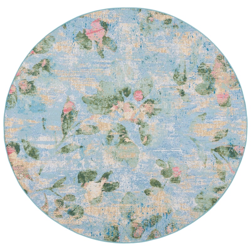 SAFAVIEH Barbados Juhi Floral Distressed Rug - 6'6" Round - Light Blue/Green