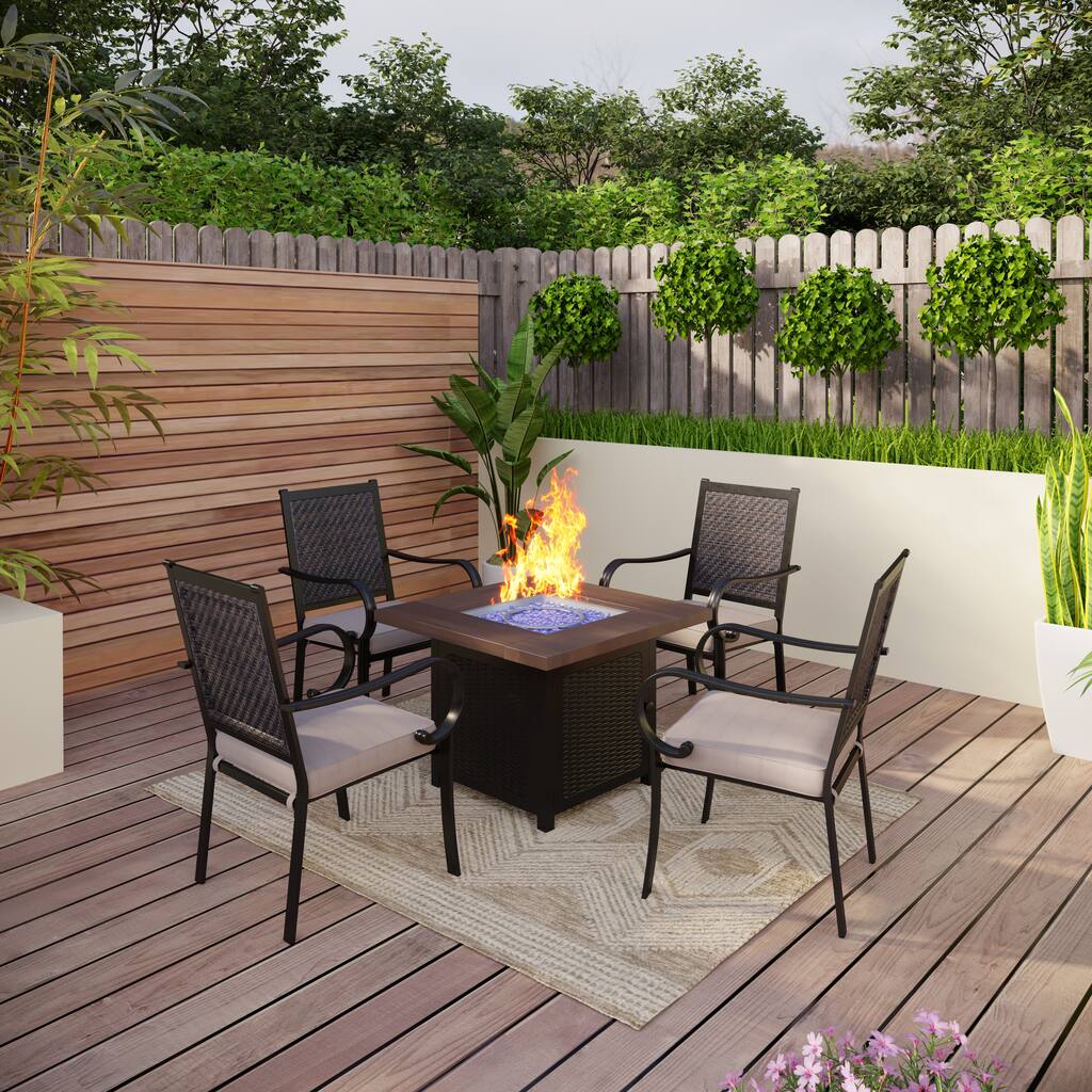 MAISON ARTS 5-piece Patio Dining Set, 4 Rattan Chairs and 1 Wood-look Powder-coated Steel Fire Pit Table