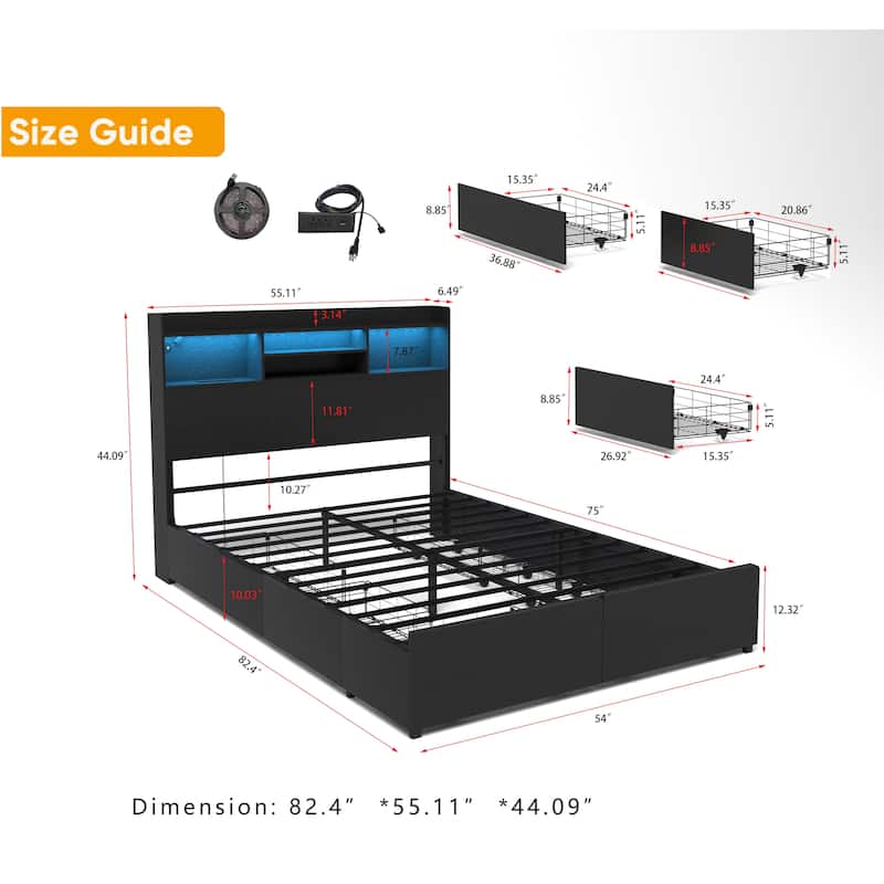 Bed Frame with 6 Storage Drawers, LED Headboard Shelf, Fast Charging Station, Heavy Duty Metal Platform No Box Spring Needed