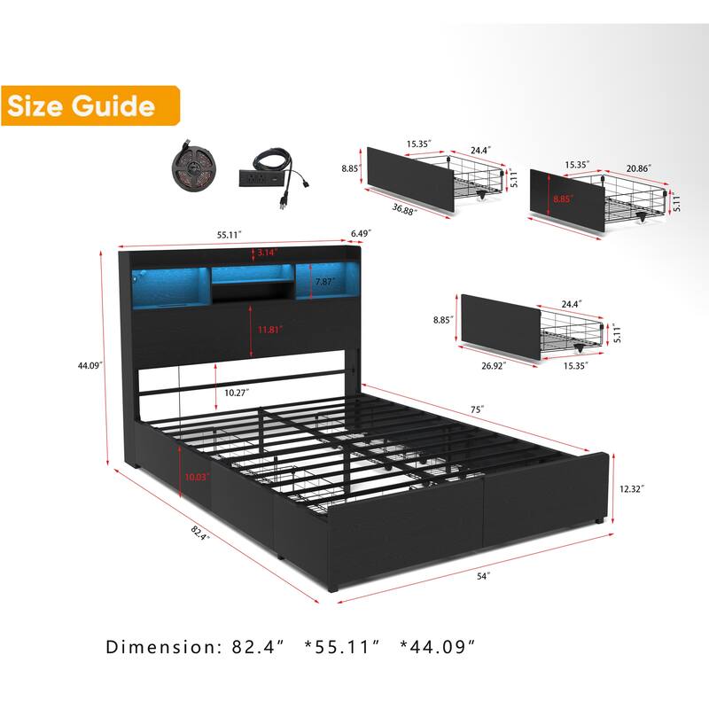 Full Bed Frame with 6 Storage Drawers Full Bed Frame with Headboard and Storage Shelf, Storage Bed