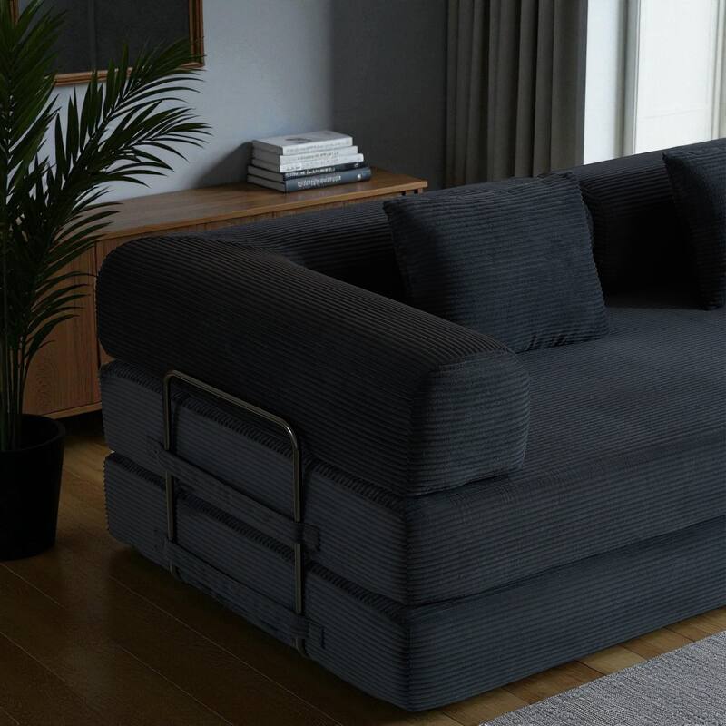 Convertible Corduroy Sleeper Sofa Bed, 4-in-1 Folding Mattress Couch with Cylindrical Pillow & Fixed-Shape Frame, No-Assembly