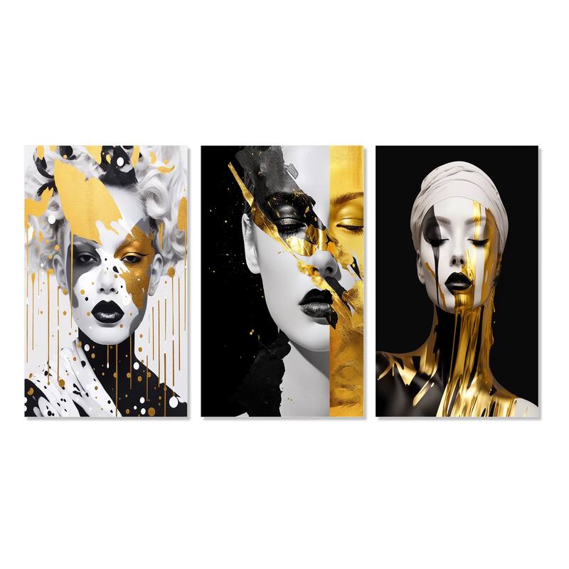 Designart "Glam Portrait Of Exquisite Young Woman Gold VI" Fashion Woman Gold - Gallery Wall Set Of 3 For Home Decor