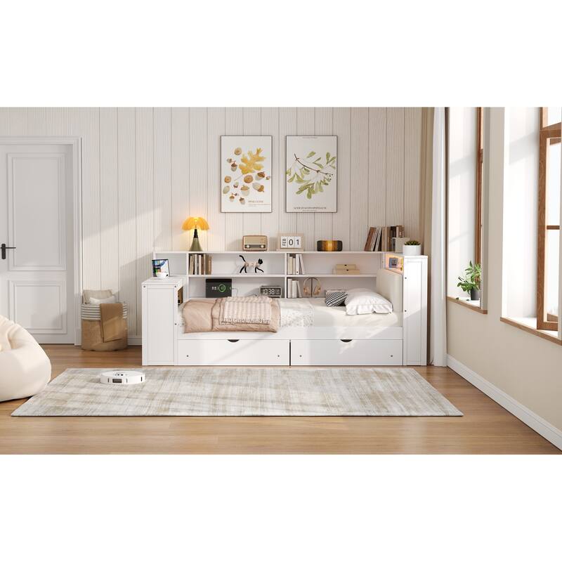 Wood Daybed Twin Size Platform Bed with Storage Shelves, Drawers, Charging Station, Desk, LED and Upholstered Cushion Headboard