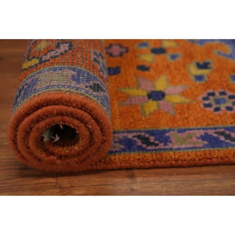 Hand-knotted Traditional Wool Orange Geometric Area Rug Oriental Carpet - 8' 2'' X 2' 8''