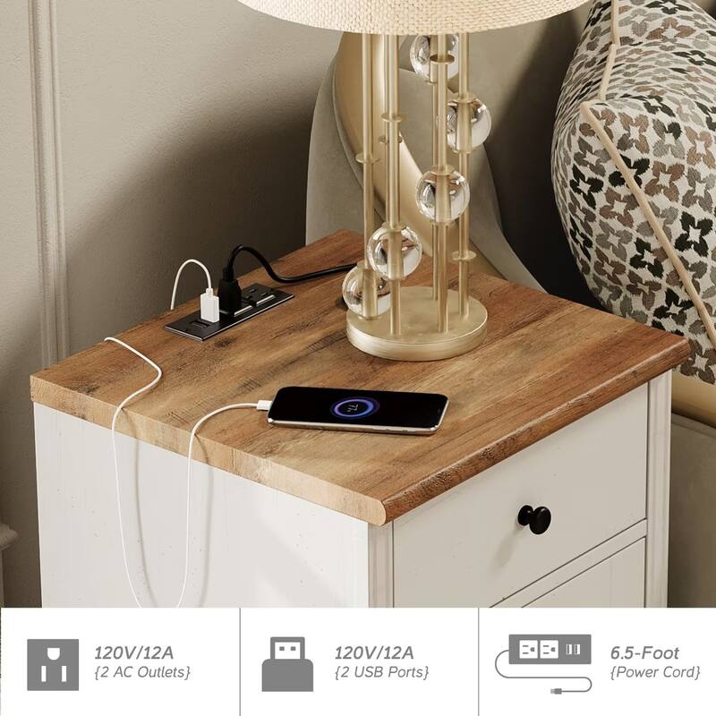 Set of 2 End Tables with Charging Station & Drawer Storage Cabinet