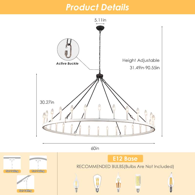 Vyolette 60 in. 30-Light Extra Large Farmhouse Round Wagon Wheel Chandelier, Classic Dining Room Living Room Chandelier