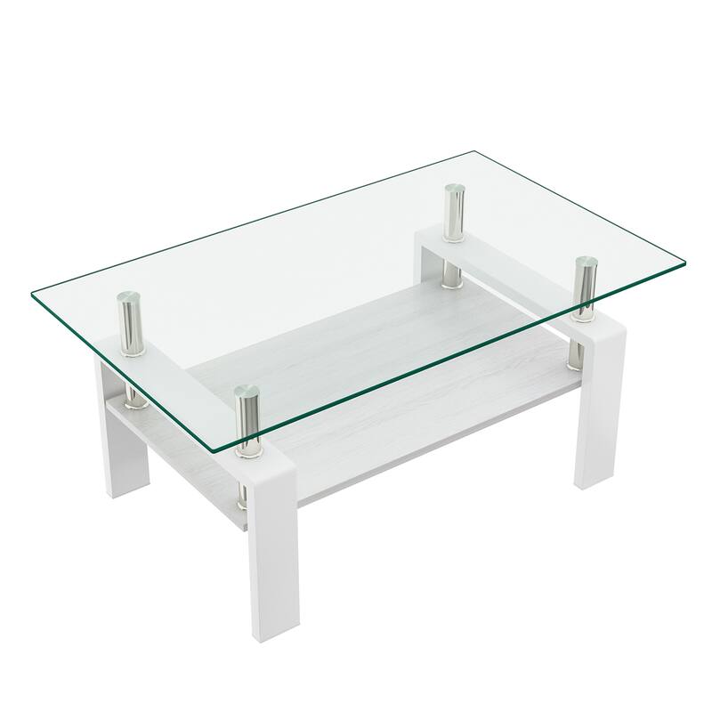 Rectangle Coffee Table, Tempered Glass Tabletop with MDF Layer, Modern Table for Living Room, Transparent Glass