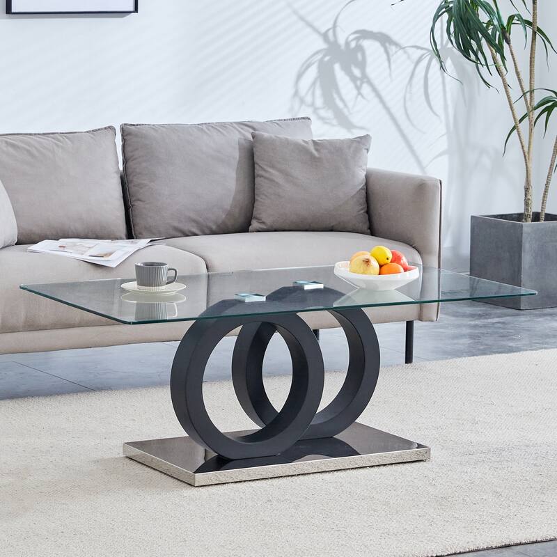 25.59" MDF Coffee Table with Circular Base & Clear Top - Black
