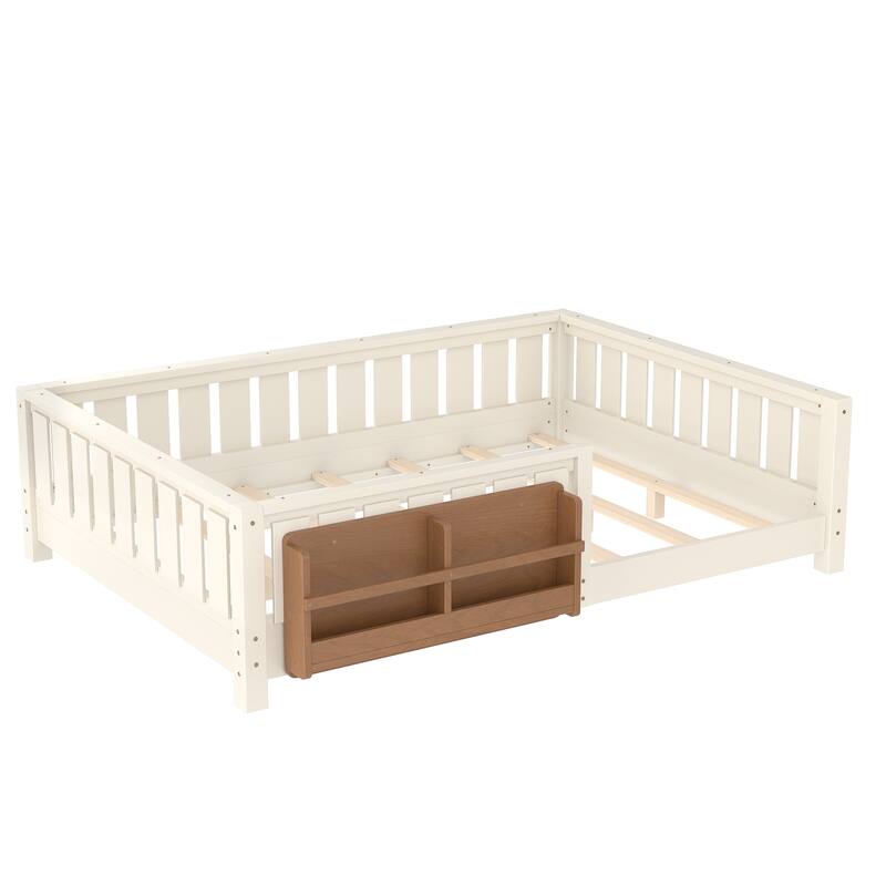 Montessori Floor Bed Low Profile Kids Bed with Rails & Bookshelf