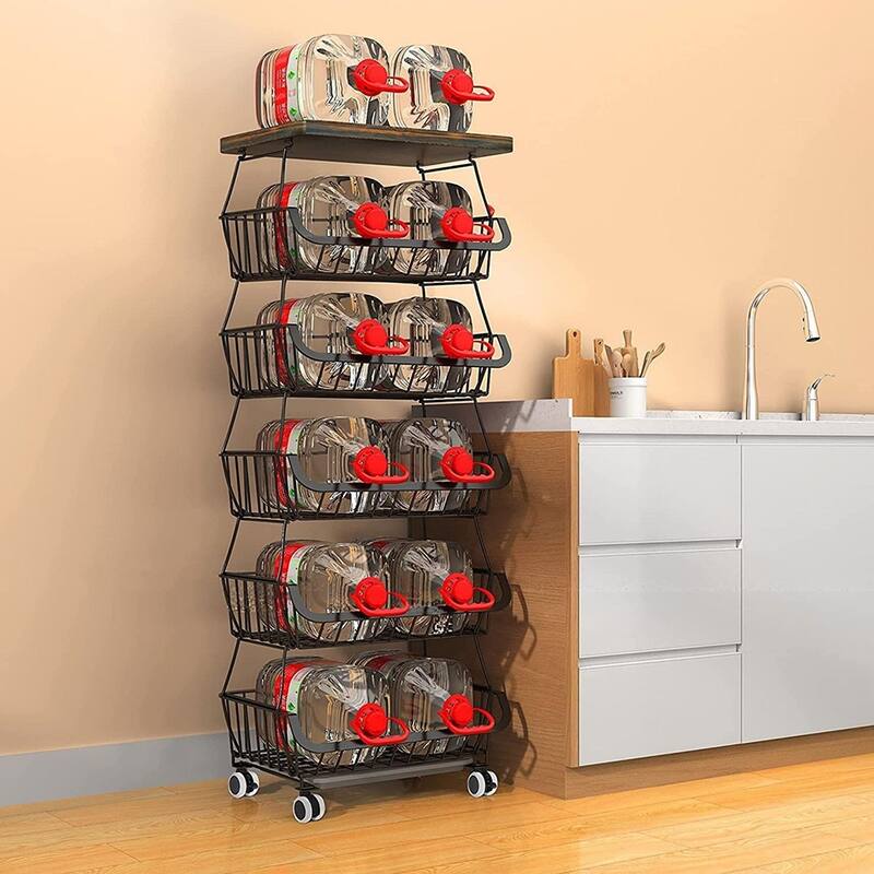 5/6-Tier Stackable Fruit Basket, Rolling Metal Cart with Wheels