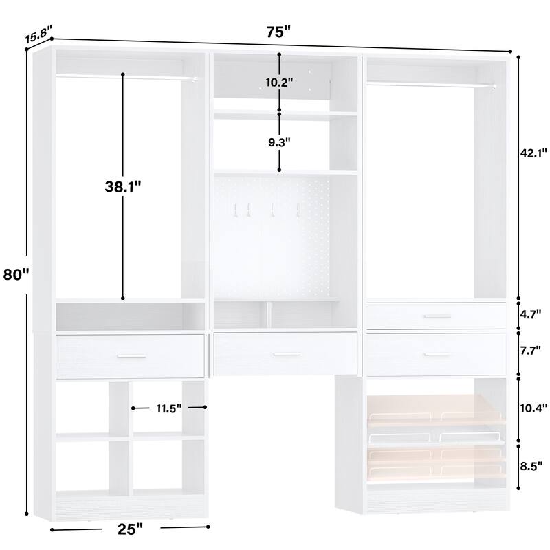 Set of 3 75'' Closet System with Metal Pegboard ＆ Shoe Rack ＆ Hanging Rods ＆ 4 Drawers, Space-saving Walk-in Closet Organizer